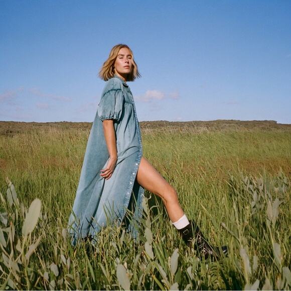 Free People Western Bohemian Prairie On The Road Denim Maxi Dress Size Small - Picture 2 of 15